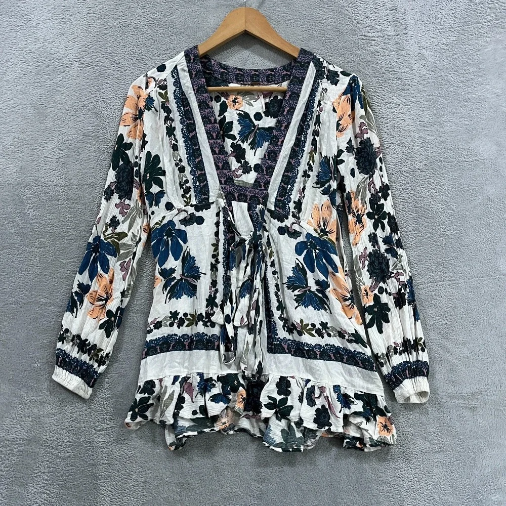 Free People Tunic Top Womens 2 Multi Floral Deep V Neck Boho Ruffled Tie Front